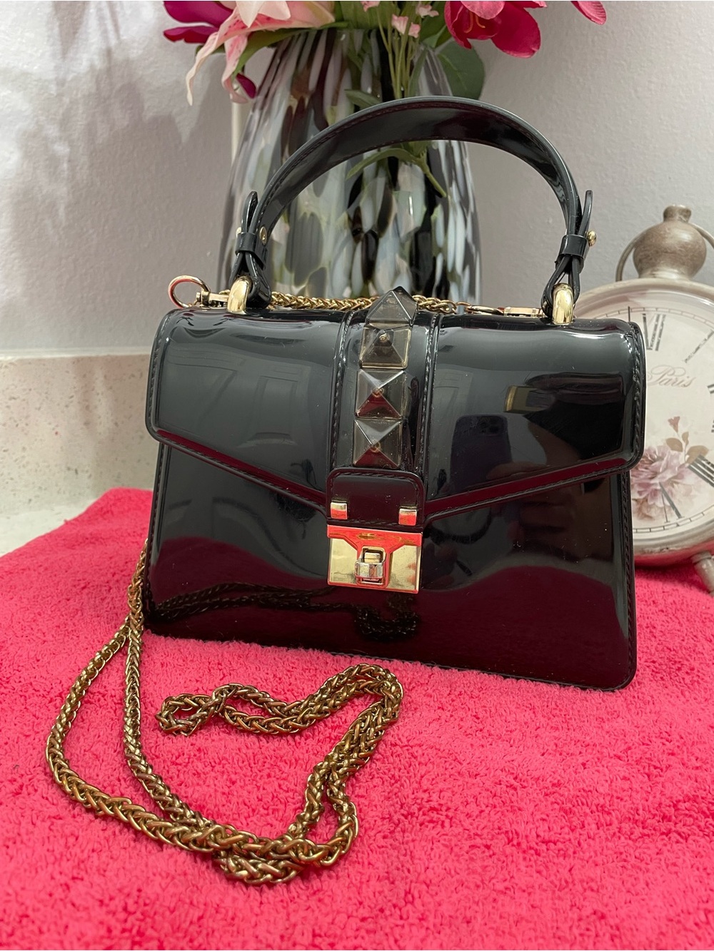 Black Jelly Top-Handle Crossbody Bag with Gold Chain